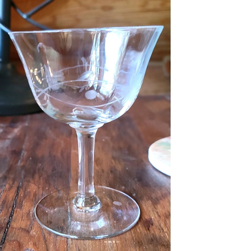 Vintage Etched Floral Cordial Glasses Clear Glass Stemmed Set of 6 MCM 4 inch